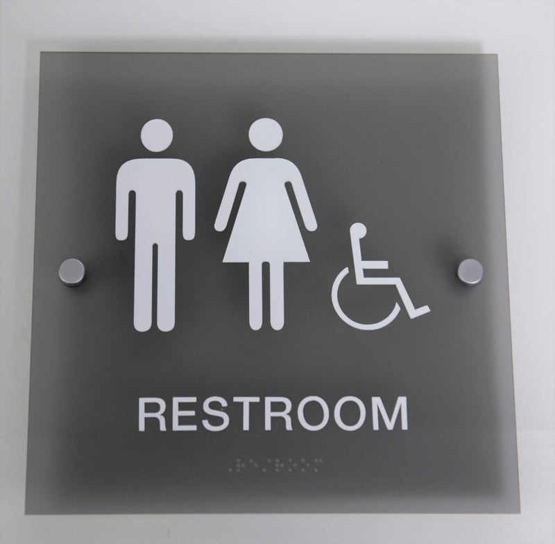 Custom Product Solutions Designer ADA Gender Neutral Unisex Restroom Sign with Braille and Stand Off Mounts, 9" Square Smoke Grey - Image 1